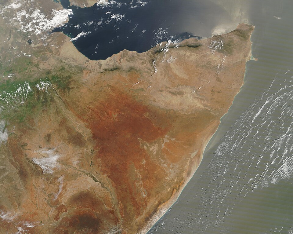 Satellite view of the Horn of Africa, the Gulf of Aden and the Indian Ocean